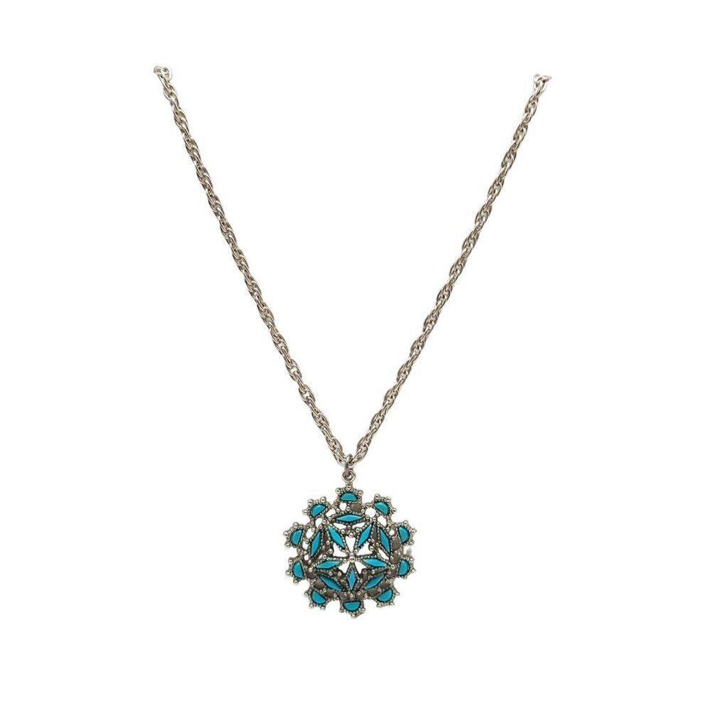Vintage Southwest Native Faux Turquoise Snowflake Pendant Necklace Silver Tone